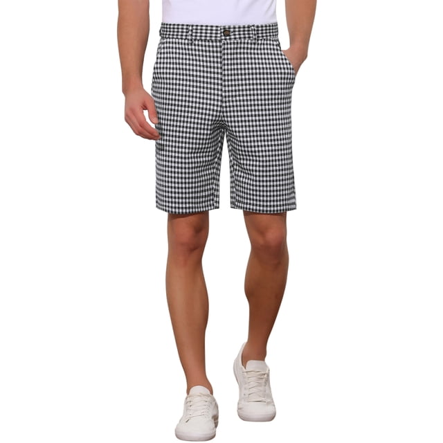 Pantalones cortos de cuadros para hombres, pantalones chinos de pierna recta con frente plano, estampado de pata de gallo, negro y blanco, talla 28