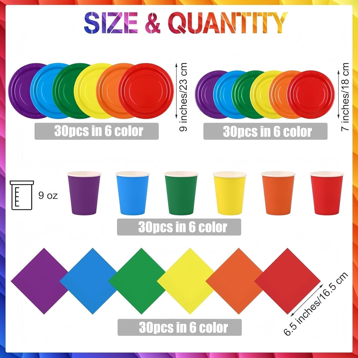 120 Pcs Colourful Paper Party Tableware Set, Boriyuan Rainbow Party Supplies Include 7" & 9" Paper Plates and 9oz Cups Napkins for Birthday Wedding Party Decorations, Serve 30 Guests
