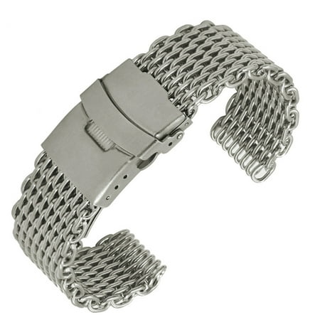 Stainless Steel Folding Clasp - 22mm Shark Mesh Stainless Steel Watch Band Strap Folding Clasp Watchband (Long Pattern Silver)