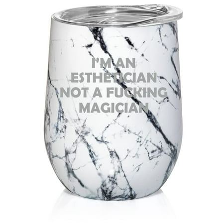 

12 oz Double Wall Vacuum Insulated Stainless Steel Stemless Wine Tumbler Glass Coffee Travel Mug With Lid I m An Esthetician Not A Magician Funny Makeup Artist (Black White Marble)