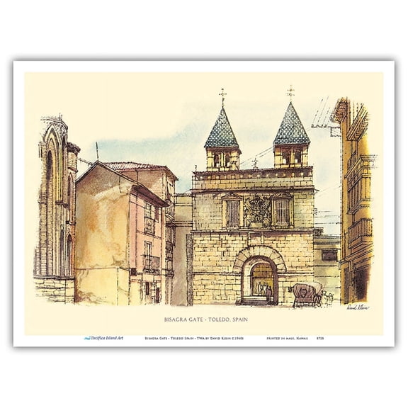 Bisagra Gate (Puerta de Bisagra) - Toledo Spain - Vintage Airline Travel Poster by David Klein c.1960s - Master Art Print (Unframed) 9in x 12in