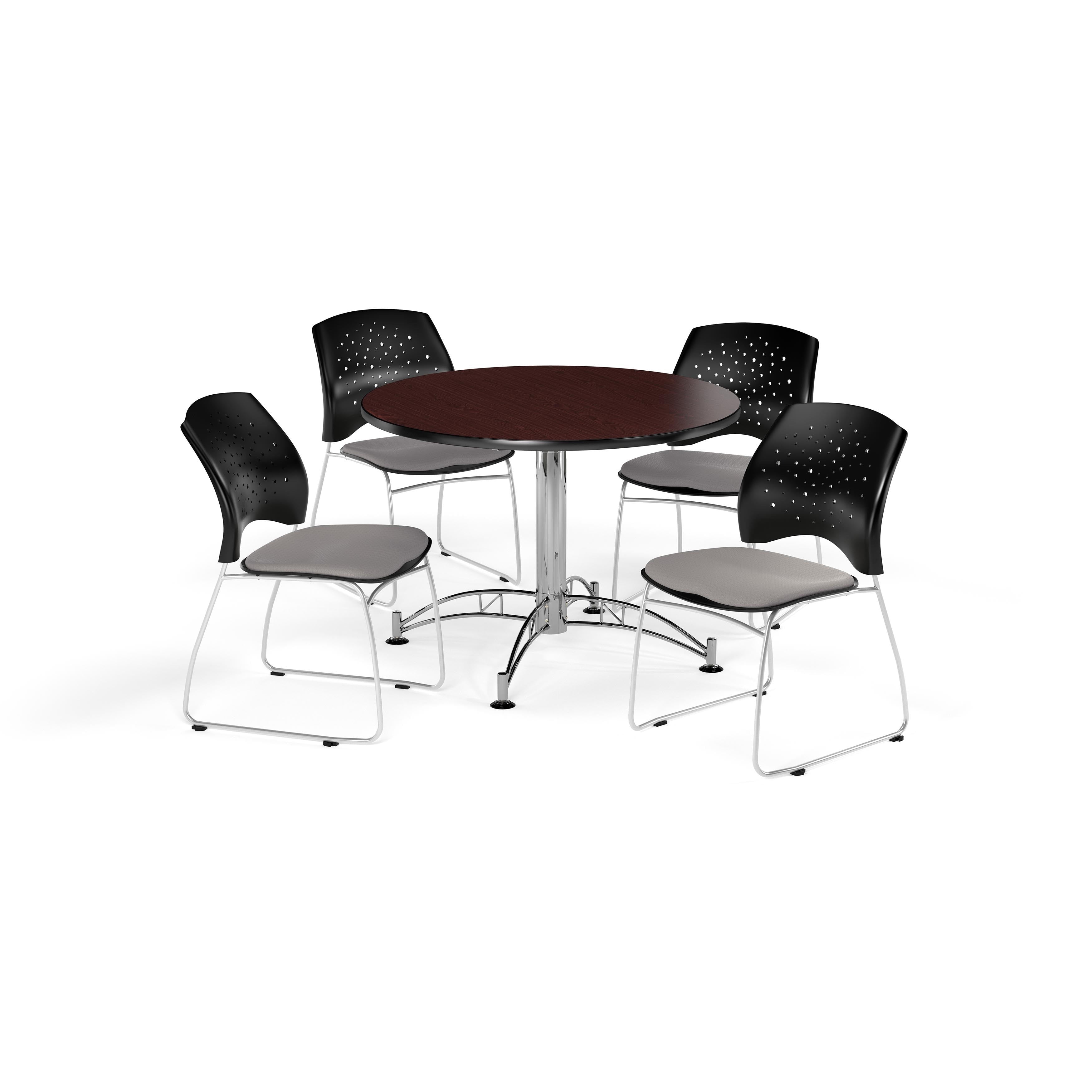 OFM Round Table 4 Fabric Stars Series Stack Chairs, Mahogany Finish with Chrome-Plated Steel Base and Lavender Seats, 42 inch