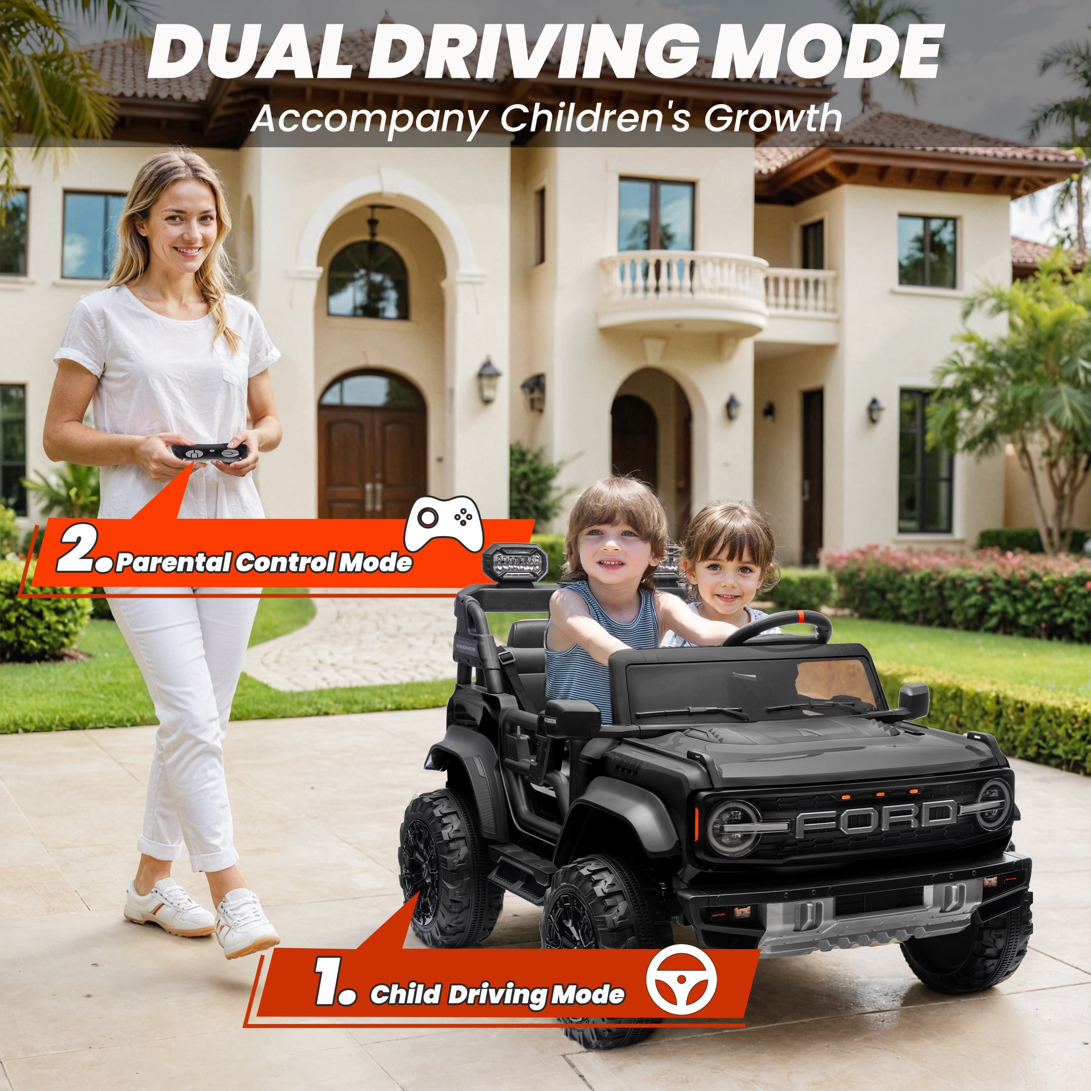 iYofe 24V 2 Seater Ford Bronco Raptor Powered Ride on Car with Remote Control, 4 Wheels Suspension, Ages 3-8, Black