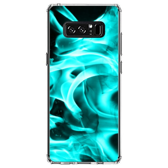 DistinctInk Clear Shockproof Hybrid Case for Samsung Galaxy Note 8 - TPU Bumper, Acrylic Back, Tempered Glass Screen Protector - Teal Black Flame Fire - Printed Image of Fire