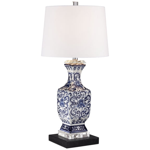 Barnes and Ivy Iris Asian Table Lamp with Square Black Marble Riser 28" Tall Blue Floral Jar Geneva White Drum Shade for Bedroom Living Room Bedside