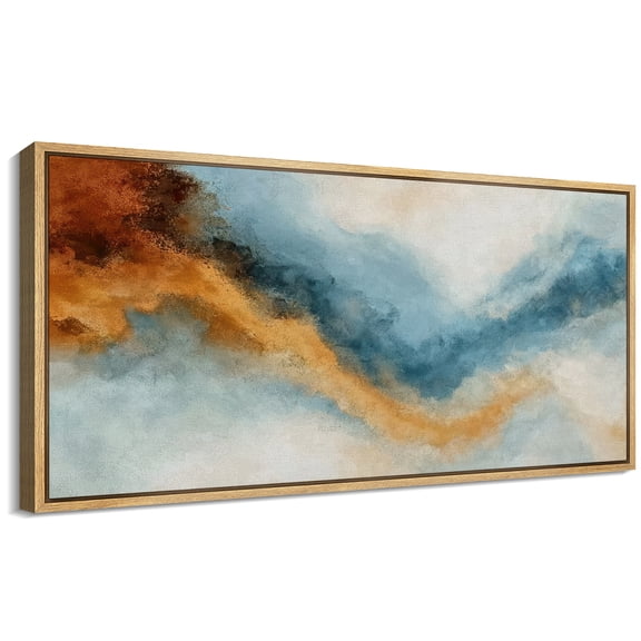 Large Framed Canvas Wall Art Abstract Blue Gold Waves Print for Living Room Decoration - 60"x30" Natural Framed