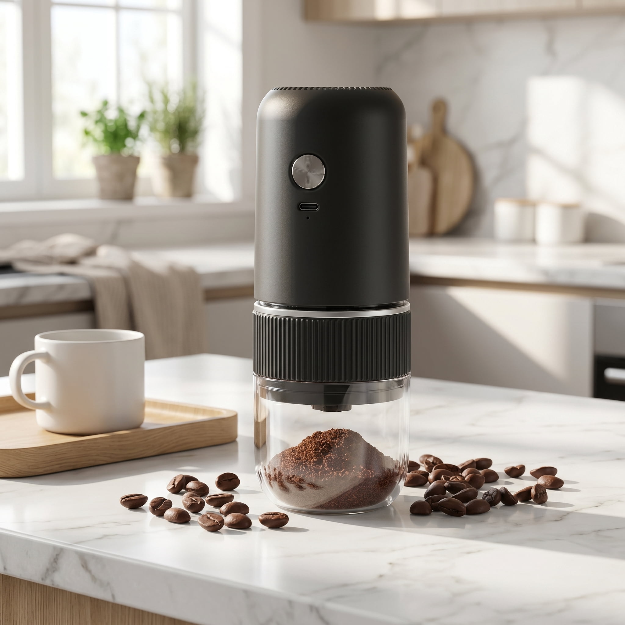 Electric Coffee Bean Grinder with Adjustable Coarseness, Portable Cordless Conical Burr Mill, USB-C Rechargeable Small Automatic Grinder for Espresso, Pour Over & French Press, Obsidian Matte