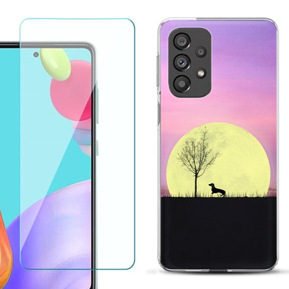 Slim-Fit Gel TPU Phone Case for Samsung Galaxy A33 5G, with Tempered Glass Screen Protector, by OneToughShield ® - Moonlight Dachshund