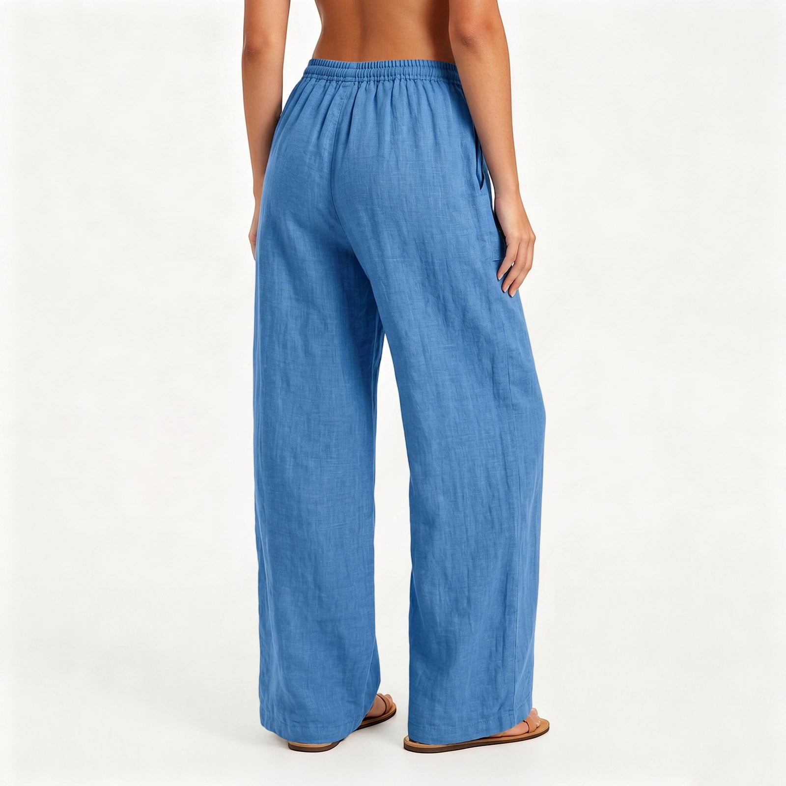 Womens Summer Pants Full Length Pants Fashion Ladies Summer Casual Loose Cotton and Linen High Waisted Trousers Solid Color Drawstring Elastic Waist Loose Long Pants with Pocket
