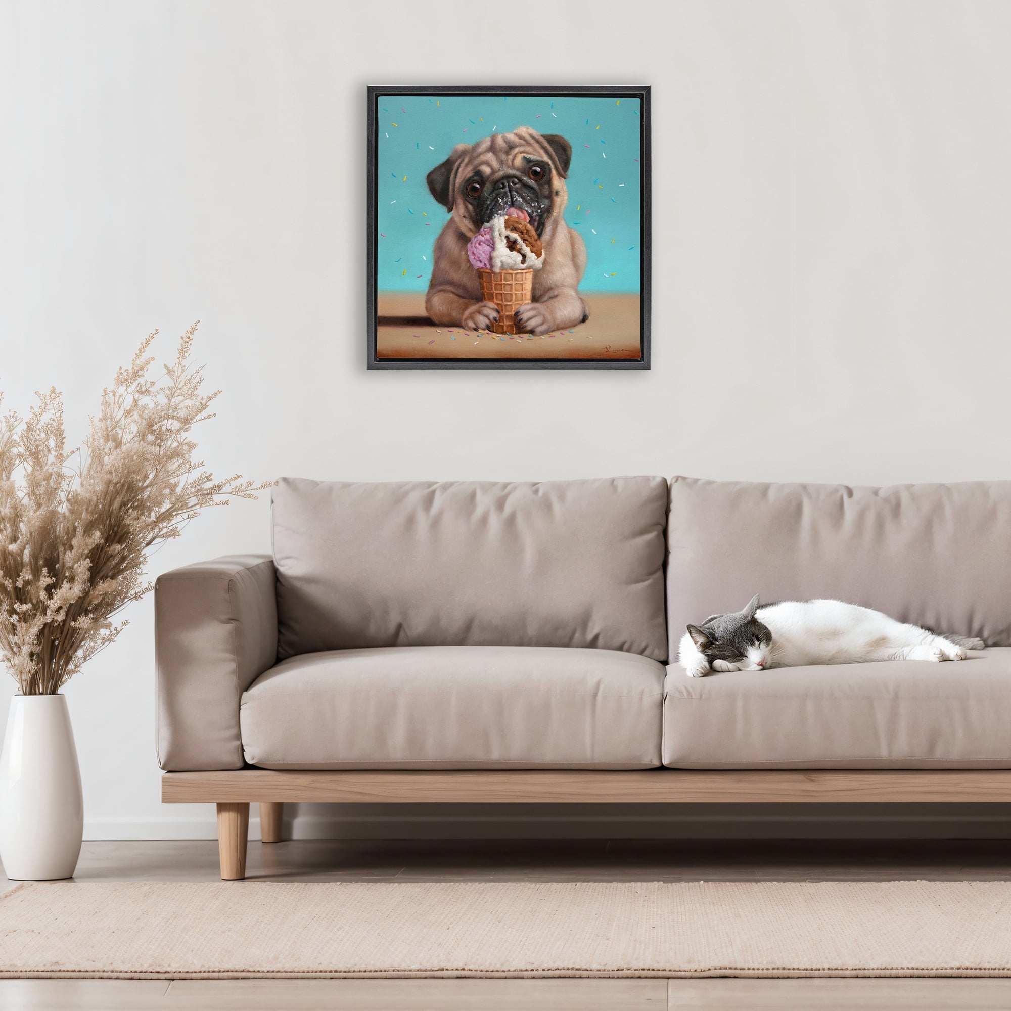Neapawlitan Ice Cream & Dog Black Framed Floater Canvas Wall Art, design by Lucia Heffernan