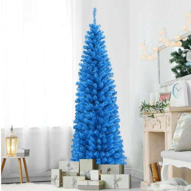 Gymax Arbre de Noël Artificiel Crayon de 6 Pi, Arbre Crayon Électroplaque (Bleu)
