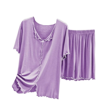 Ecqkame Women s Pajama Sets Short Sleeve Shirt and Short Bottom Pajama Set (Available In Plus Size) C-Purple XXXL