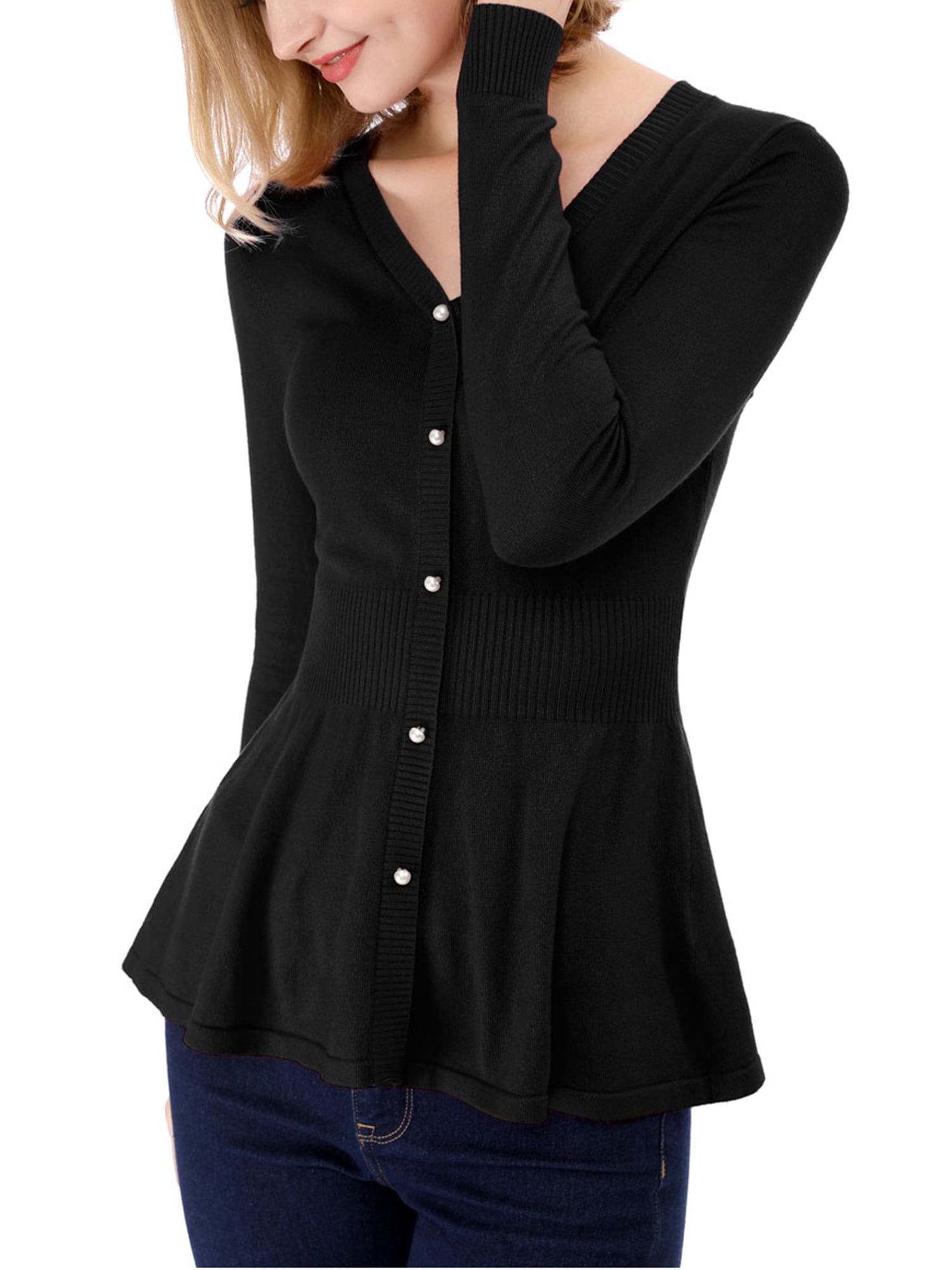 Unique Bargains Women's Peplum Top Smocked Long Sleeve Knit Sweater ...