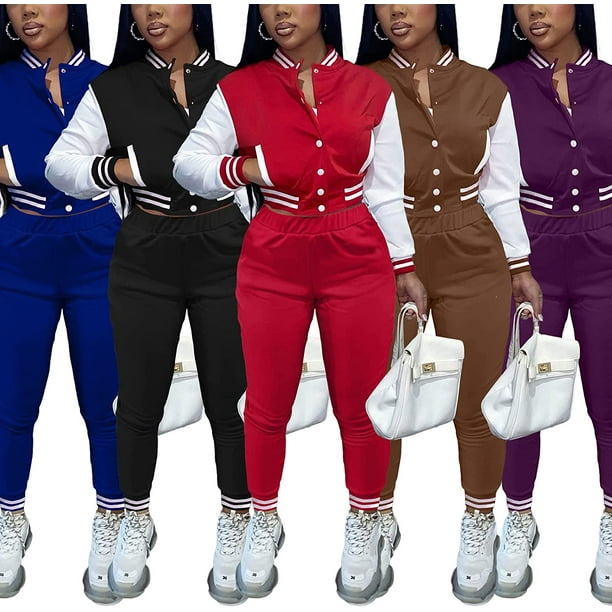 Women Casual Outfits Tracksuit - Color Block Eyelet Lace Up Jacket Coat  Bodycon Pant Set Sweatsuit