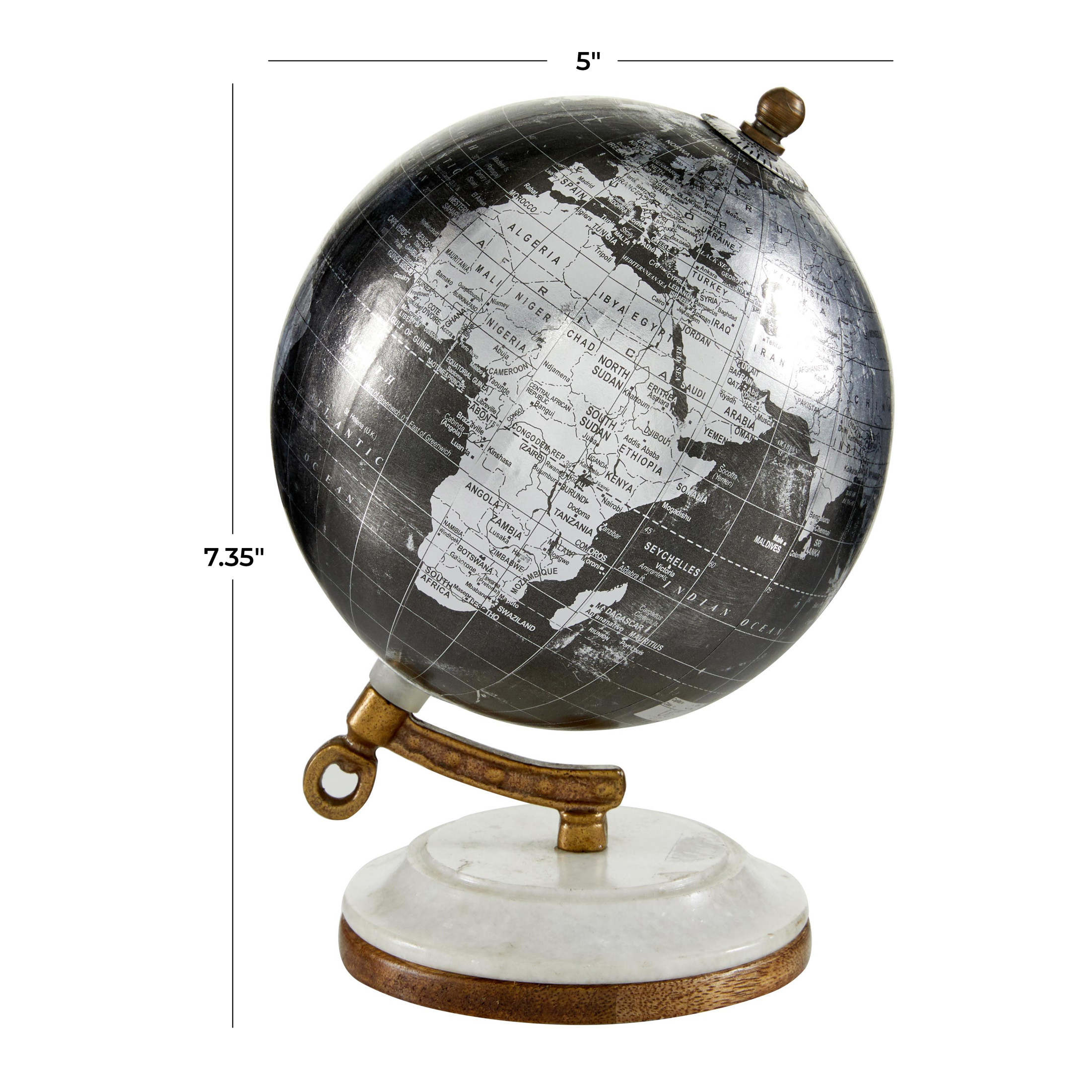 DecMode 5" Small Black World Map Globe with Silver Continents and White Marble Base