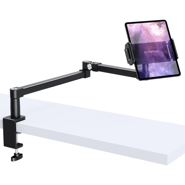 Soporte de escritorio Elitehood para iPad, brazo largo, 71,1 cm, aluminio negro