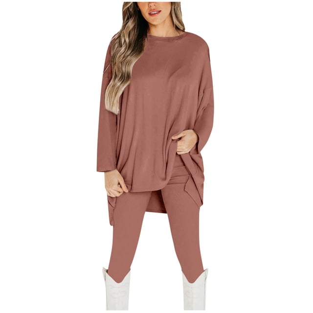 Besolor Ensemble 2 Pcs pour Femmes, Décontracté, Col Ras du Cou, Manches Longues, Hauts Irréguliers et Ensembles de Leggings, Survêtement Grande Taille