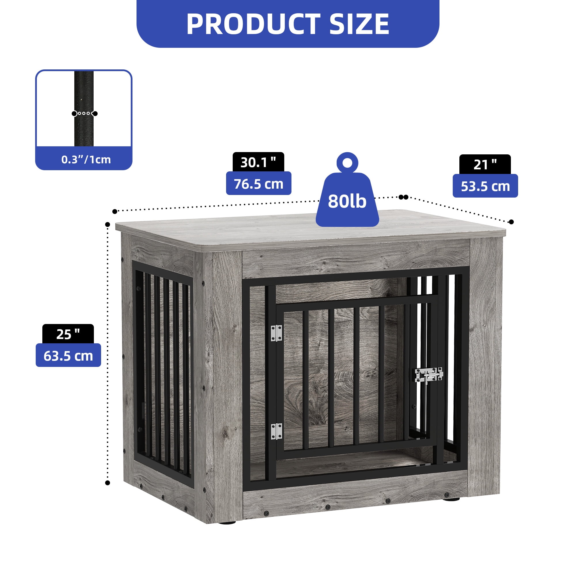 ModFusion Small Gray Iron-Wood Dog Crate Furniture, Indoor Kennel with End Table Design, Secure Front Door & Top Storage Shelf, for Dogs up to 35 lbs