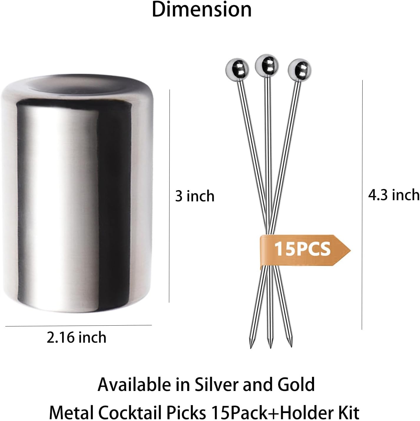 Metal Cocktail Picks 15Pack+Holder Kit, 304 Stainless Steel Toothpicks, Reusable Skewers, Garnish Bloody Mary Martini for Olives Appetizers Fruit