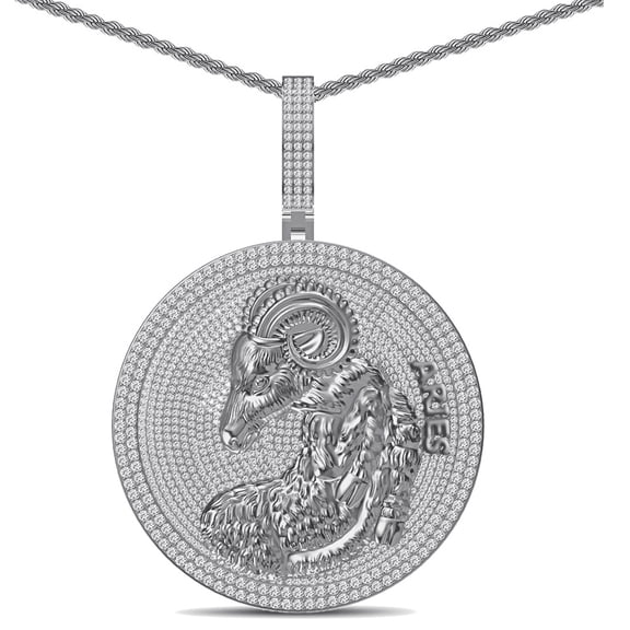 55  Grams Big 2.80'' Real Silver Simulated Diamond 14K White Gold Finish Astrological Zodiac Birth Symbol Sign Aries Charm Pendant   Free Chain