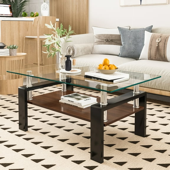Holaki Side Table,Tempered Glass Coffee Table 39.2"L×23.4"W×17.7"H,2-Tier Rectangle Clear Tempered Glass Tabletop with Durable MDF Layer and Iron Leg Support,Modern Coffee Tables for Living Room