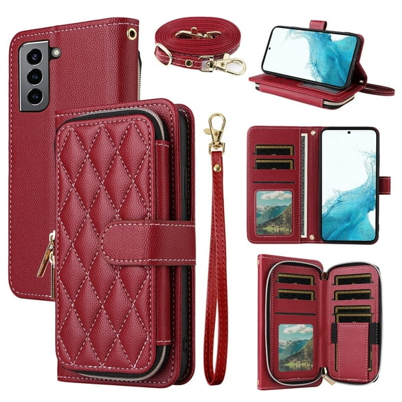 Dswteny Argyle Wallet Case for Samsung Galaxy S22 5G with Wrist Strap Shoulder Strap Zipper PU Leather Flip Credit Card Holder Stand Cell Phone Cover for S 22 22S 4G G5 6.1 inch Women Girls Red