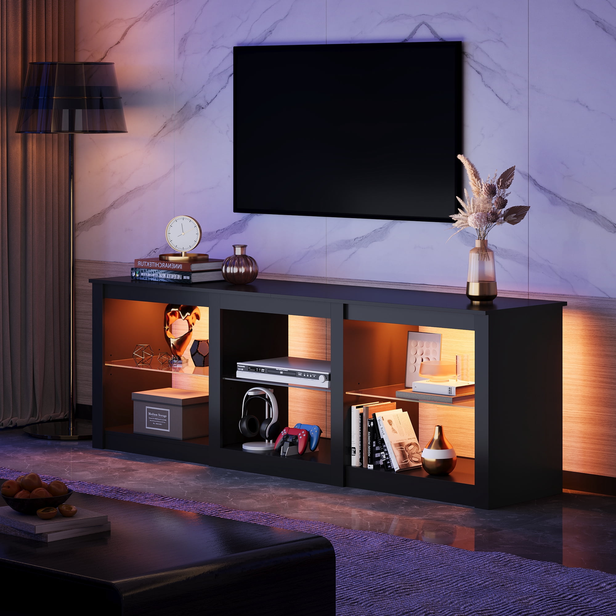 GALAXHERO TV Stand for 55/65/75 Inch TV, Modern Entertainment Center with LED Lights & Adjustable Glass Shelves Sturdy Media Console for Living Room, Bedroom, Gaming Black