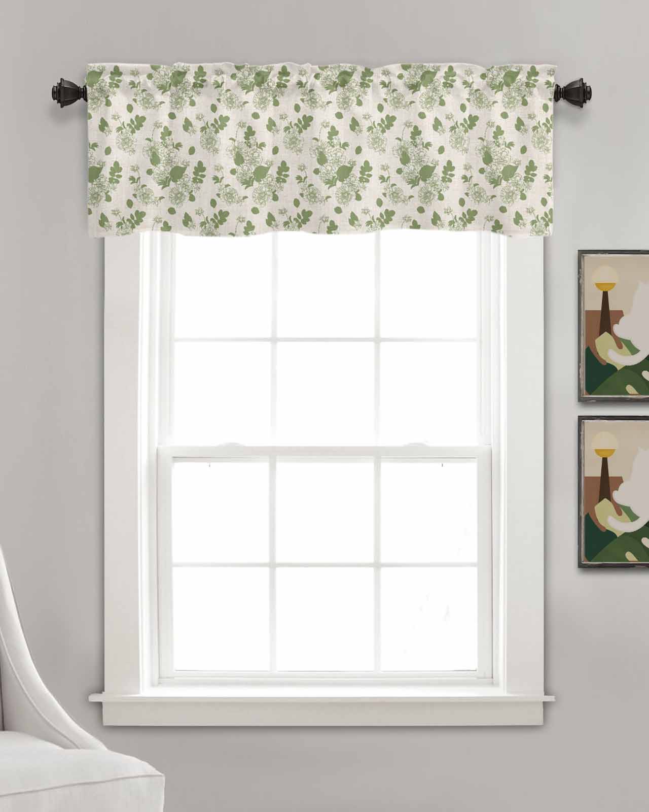 Rustic Sage Leaves Linen Curtain Valance for Bedroom/Bathroom/Kitchen/Office/Living/Dining Room Windows,Spring Botanical Green Flower Beige Pocket Topper Drapes Decorative Cafe Drapery Panel 54x18