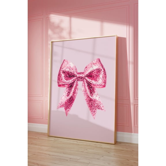 Pink Glitter Bow Print, Coquette Wall Art Home Decor #2744, Unframed Poster Size 8x12