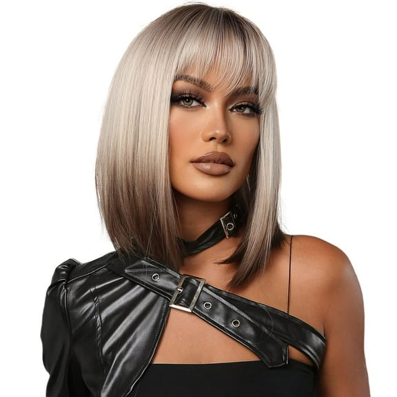 Short Bob Wig with Bangs Synthetic Blonde to Brown Hair Wig Dark Roots Shoulder Length Straight Natural Wig , 13 Inch