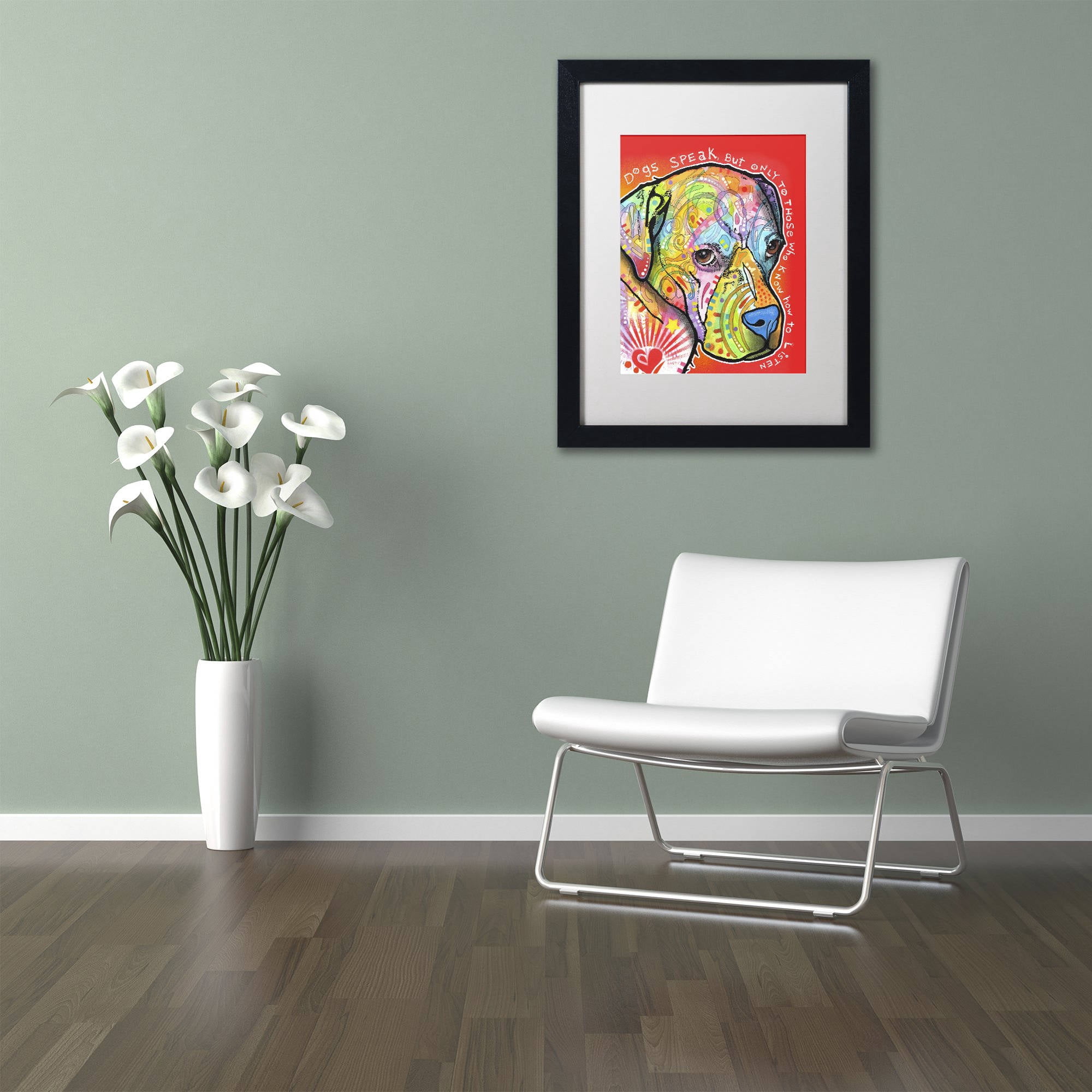 Trademark Fine Art 'Dogs Speak' Canvas Art by Dean Russo, White Matte, Black Frame