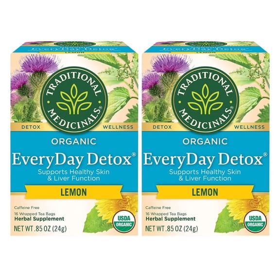 Traditional Medicinals Organic Everyday Detox Lemon Herbal Tea, Supports Healthy Skin & Liver Function, (Pack Of 2) - 32 Tea Bags Total