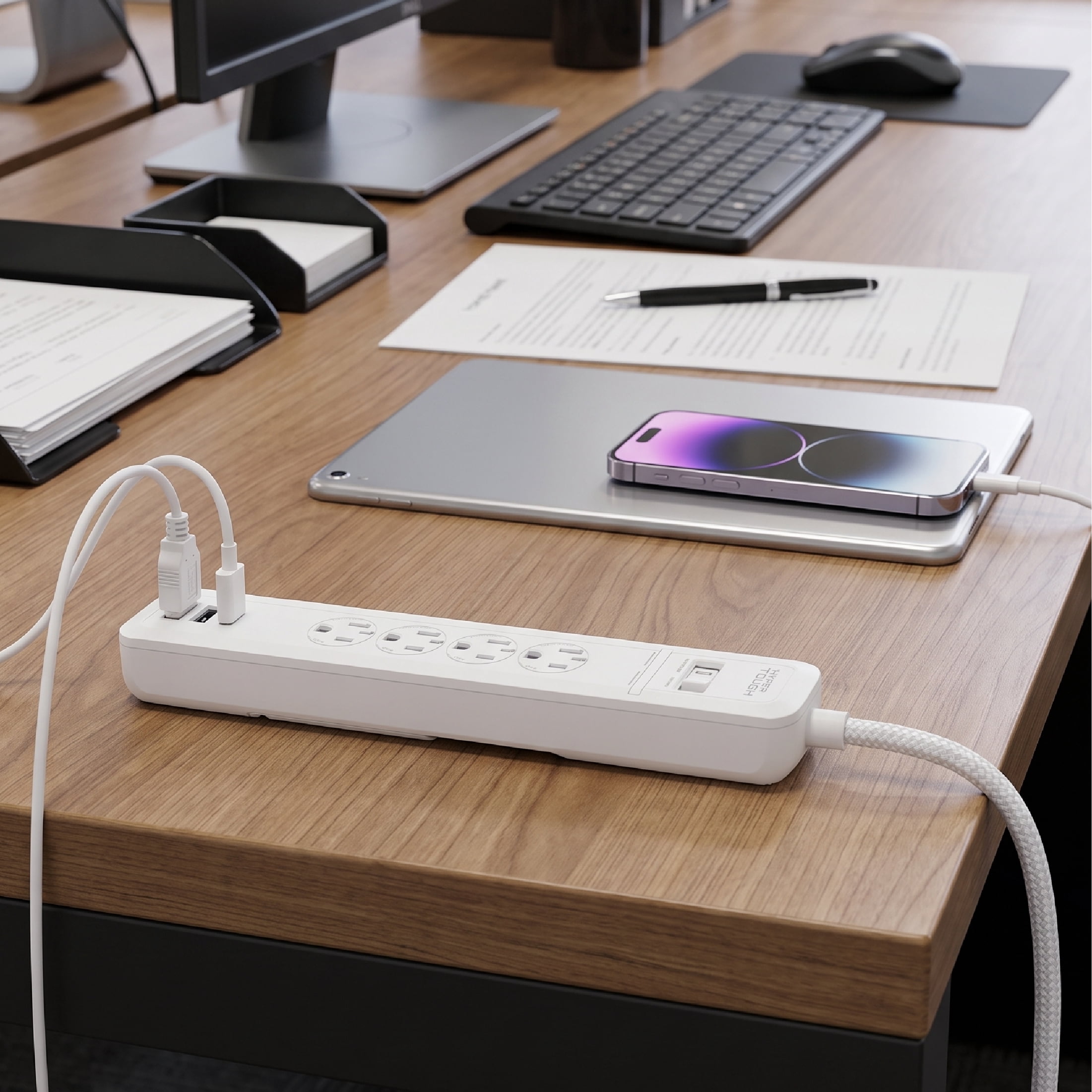 Hyper Tough Surge Protector Power Strip with 4 Outlet, USB Ports, 10 ft Braided Cord, White