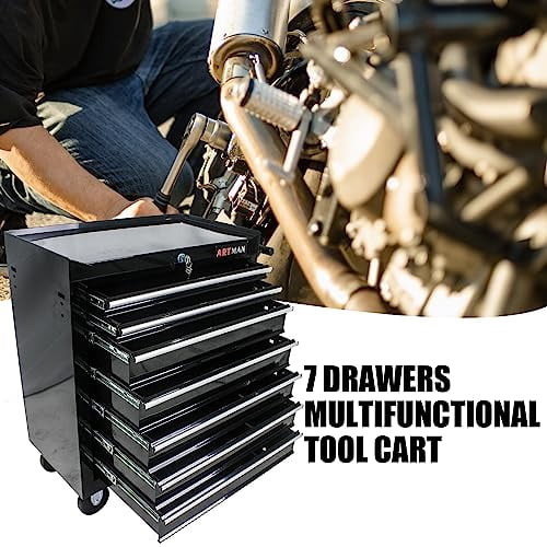 7-Drawer Rolling Tool Chest, Metal Tool Box Organizer with Auto Locking System, Sliding Drawers, Detachable Top, Lockable Wheels, Tool Storage Cabinet for Garage & Workshop
