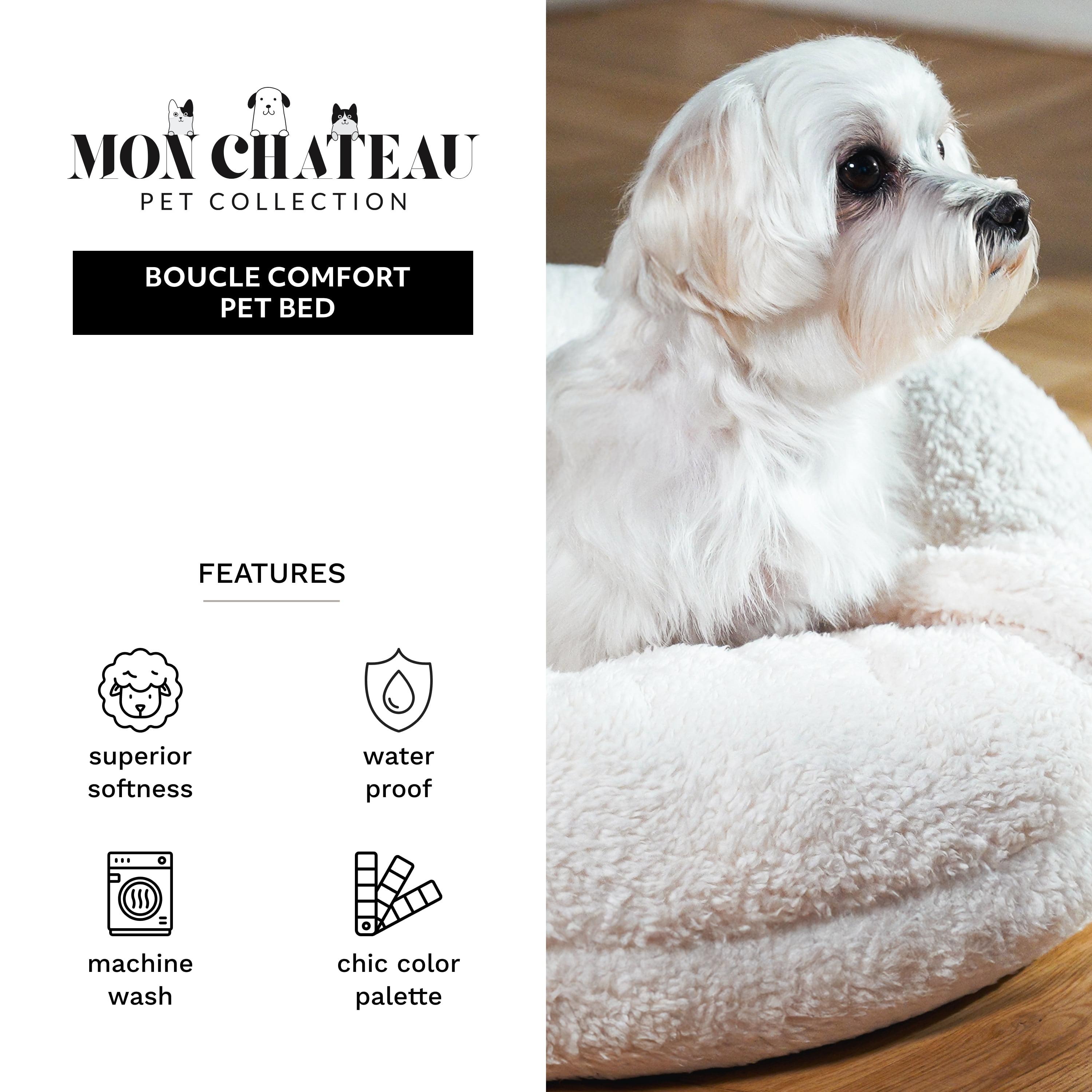 Mon Chateau Nestled Boucle Hooded Pet Bed, Plush Cat or Dog Bed with Hooded Cover, Waterproof and Machine Washable with Anti-Skid Bottom, Designed for Comfort and Safety, Cloud White