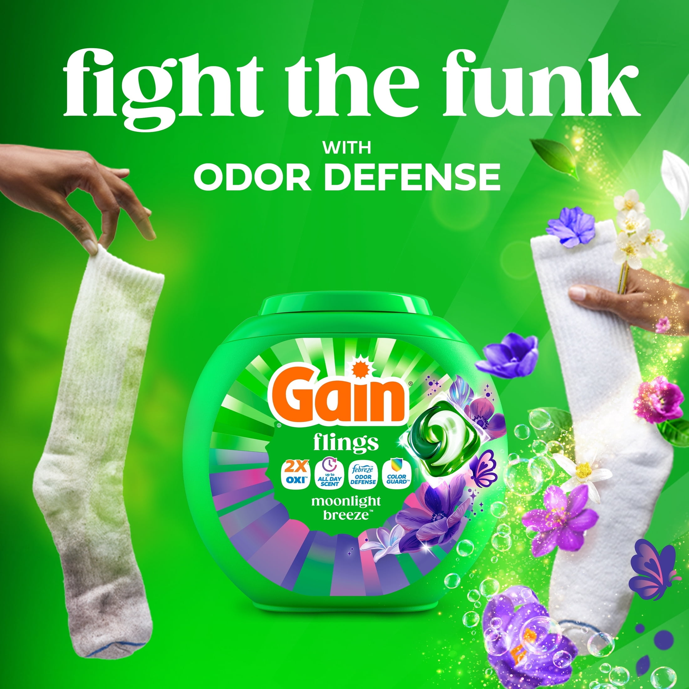 Gain Flings Laundry Detergent Soap Pacs, 4-in-1 Oxi Boost and Febreze, Moonlight Breeze Scent, 60 Count