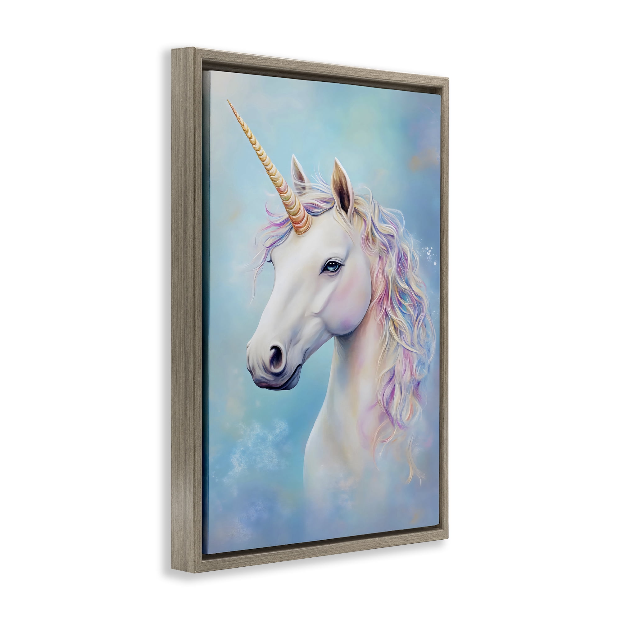 Stupell Industries White Unicorn on Blue Brown Framed Floater Canvas Wall Art, design by Creative Studio