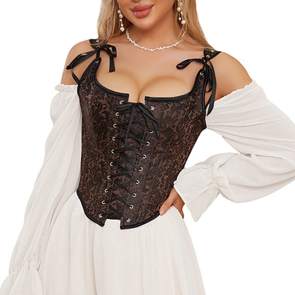 Womens Gothic Lace-Up Corset Top Stage Performance Vintage Waist Trainer Elegant Comfortable Shapers Coffee L