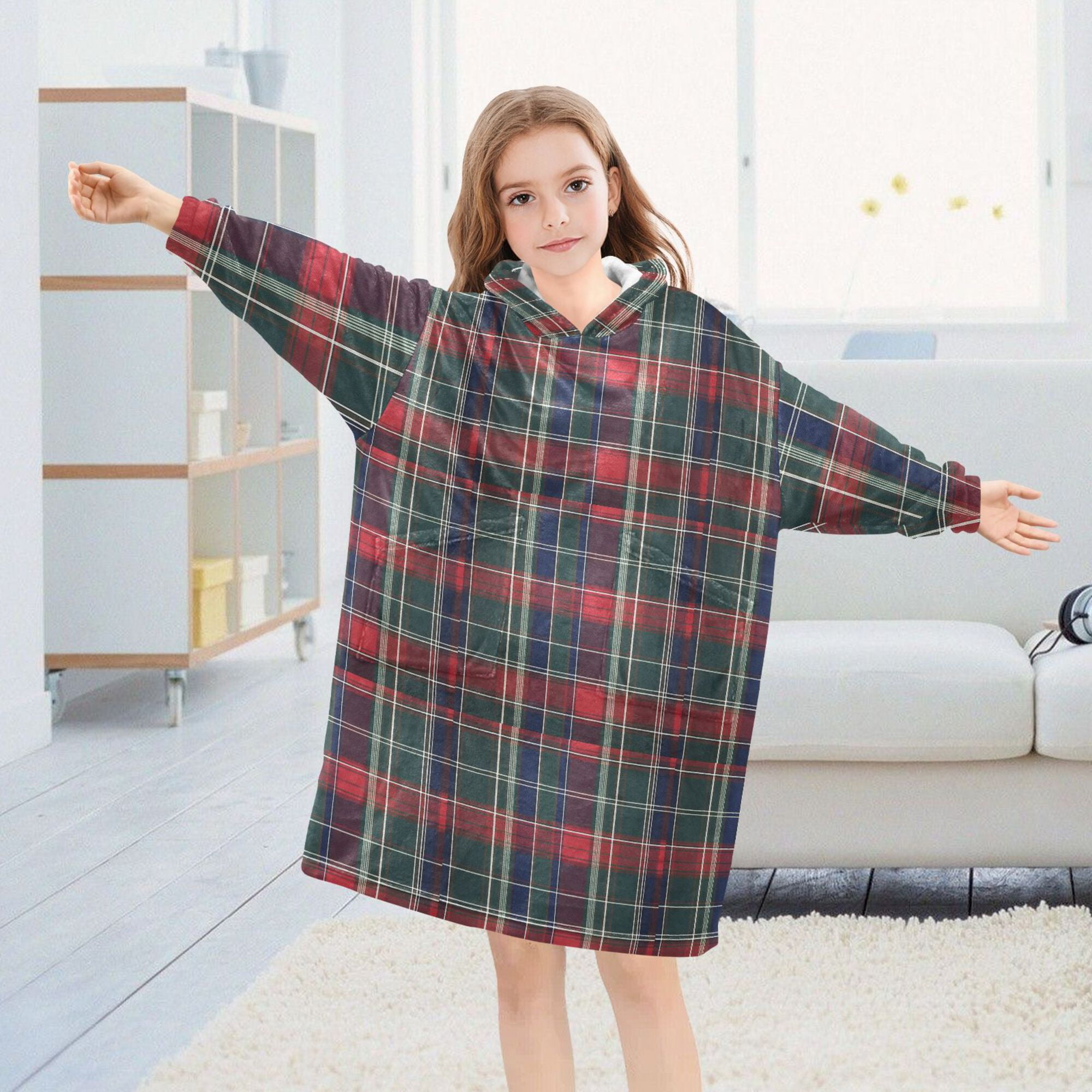 FORMRS Wearable Blanket Hoodie with Sleeves for Kids Cozy Flannel Sweatshirt, Warm Tartan Mosaic