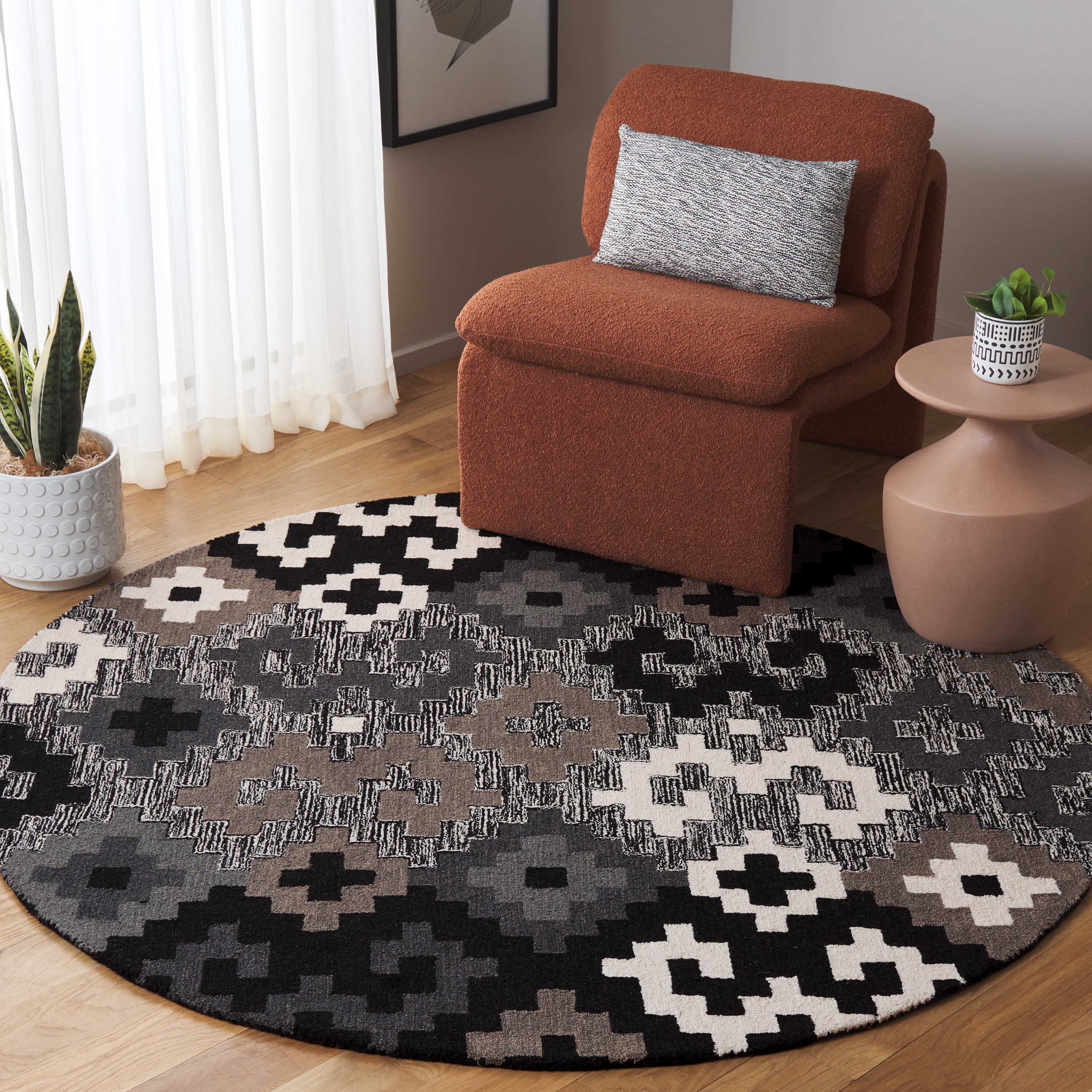 SAFAVIEH Metro Amable Geometric Area Rug, Black/Ivory, 6' x 6' Round