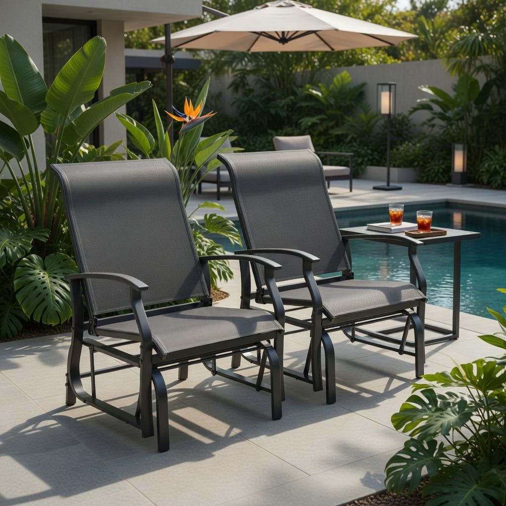 Hommoo 2-Piece Outdoor Glider Chair Set, Ergonomic Patio Rocking Chairs with Breathable Fabric Seats and Heavy-Duty Metal Frame, Gray