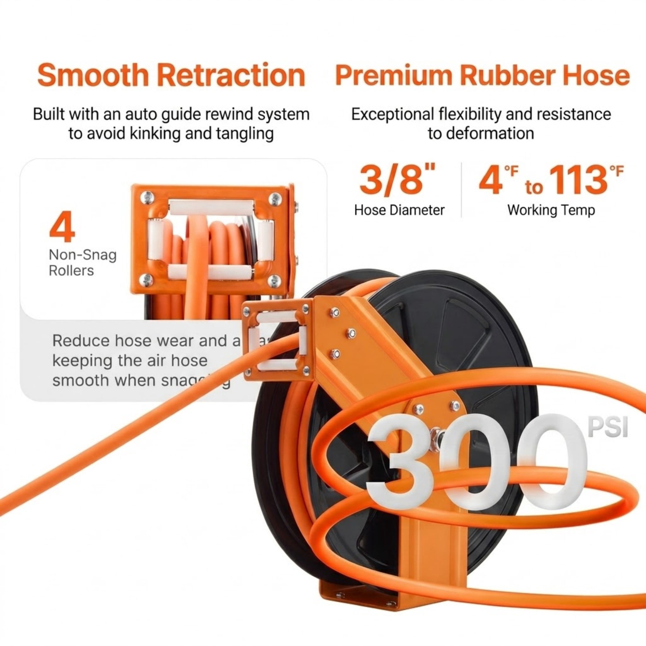 JUVOCT 3/8" x 50 ft Retractable Air Hose Reel, 300 PSI Heavy Duty Rubber Hose