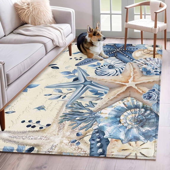 Coastal Washable Area Rugs 3'x5', Ocean Blue Beige Starfish Shells Plant Leaves Vintage Low Pile Throw Living Room Rug Non-Slip Sturdy Edge Binding Carpet for Indoor Entryway Bedside Kitchen