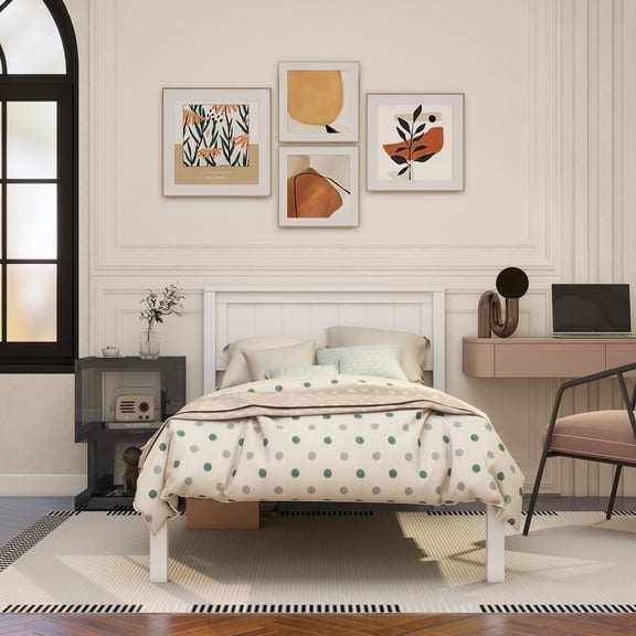 Platform Bed Frame with Headboard, Wood Slat Support, No Box Spring Needed,Twin, White