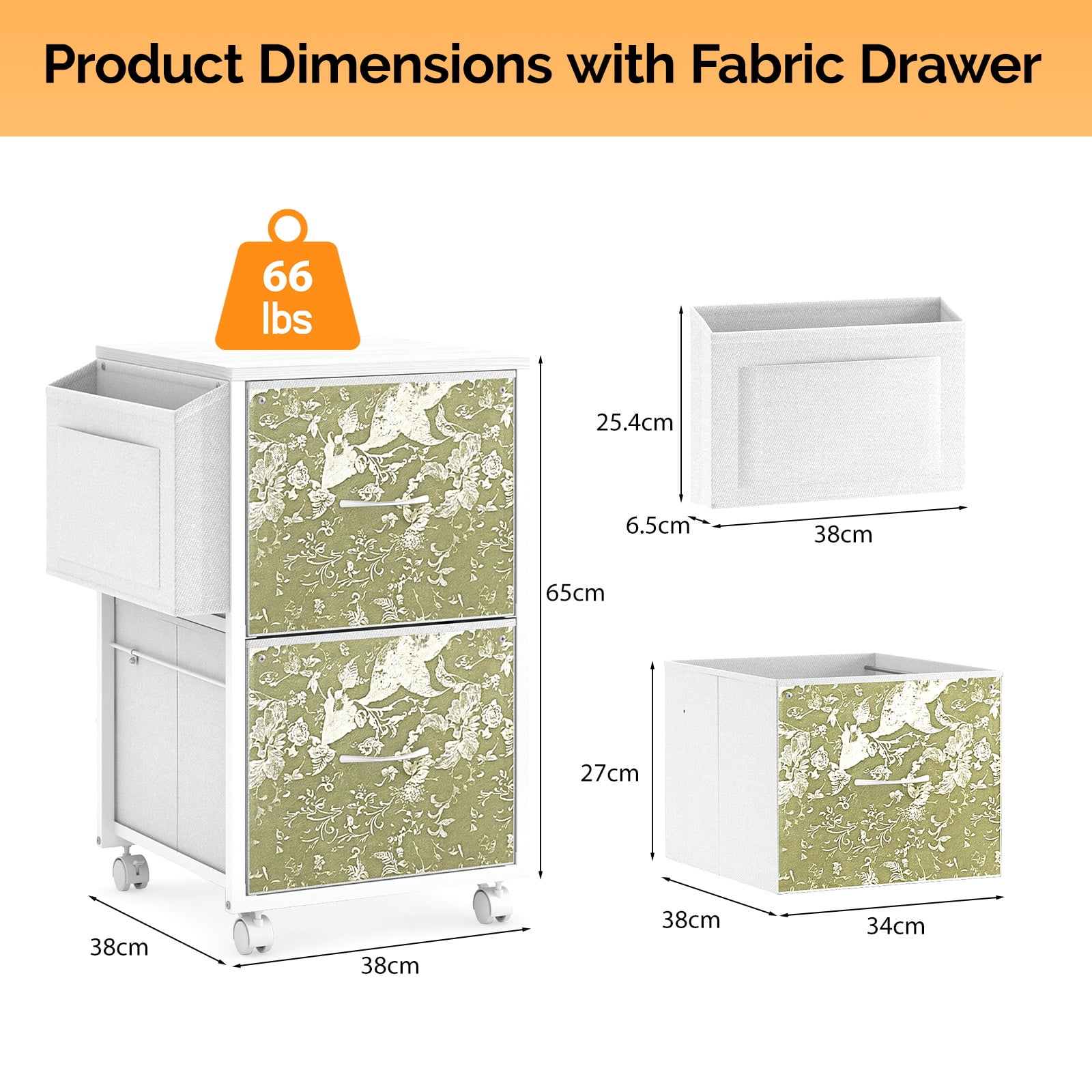 Ktaxon 2-Drawer Rolling File Cabinet with Wheels Side Bag, Fabric Drawers Printer Stand for Home Office, Fits Letter Size, White Green
