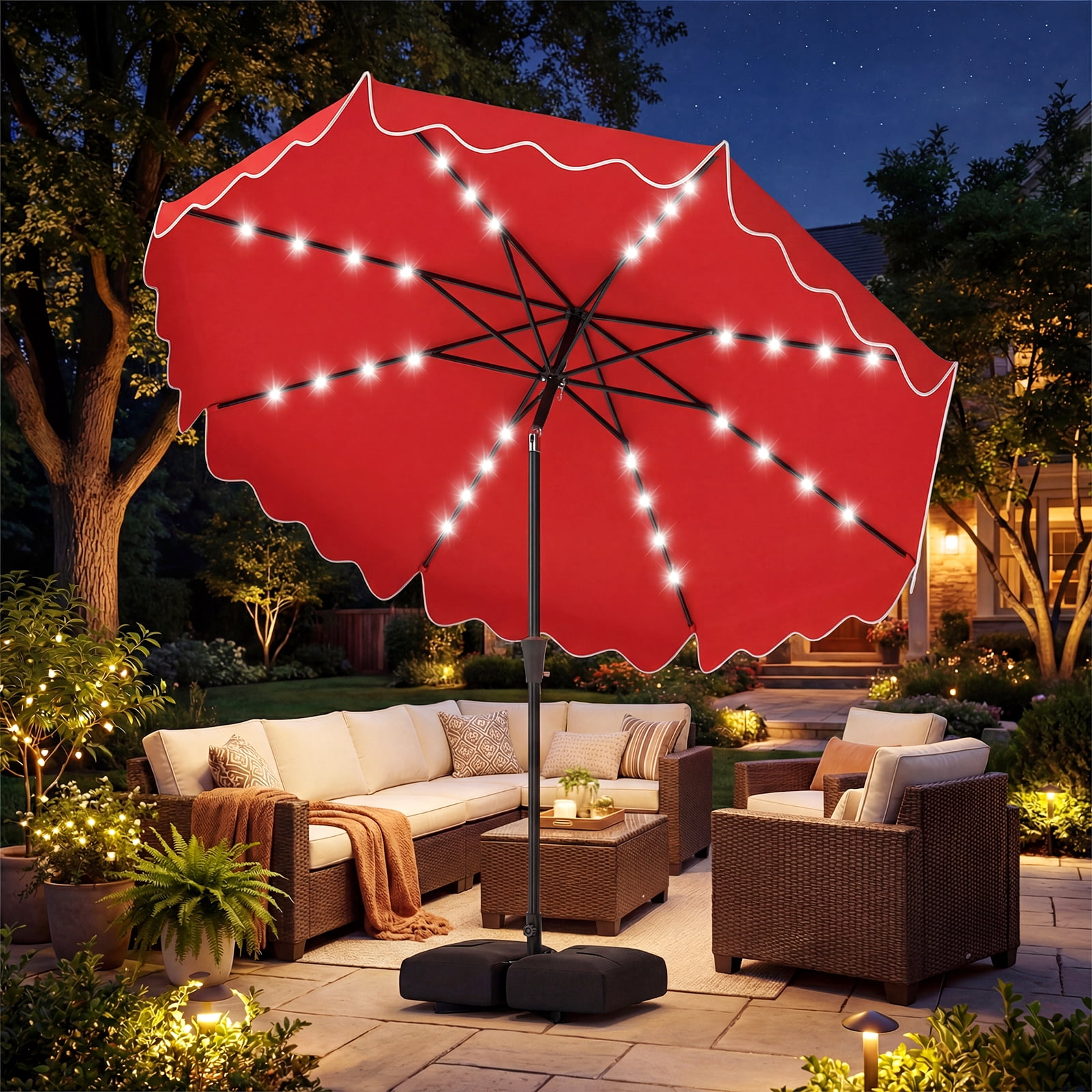 Costway 10 FT Outdoor Patio Umbrella with 32 Solar LED Lights & Weighted Base, Sandbags Red