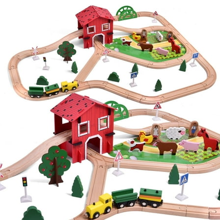 Train Set 77pcs Wooden Train Set with Wood Construction Toys Model Train Sets, Wooden Toys Birthdays gifts for 3-7 Boys Girls