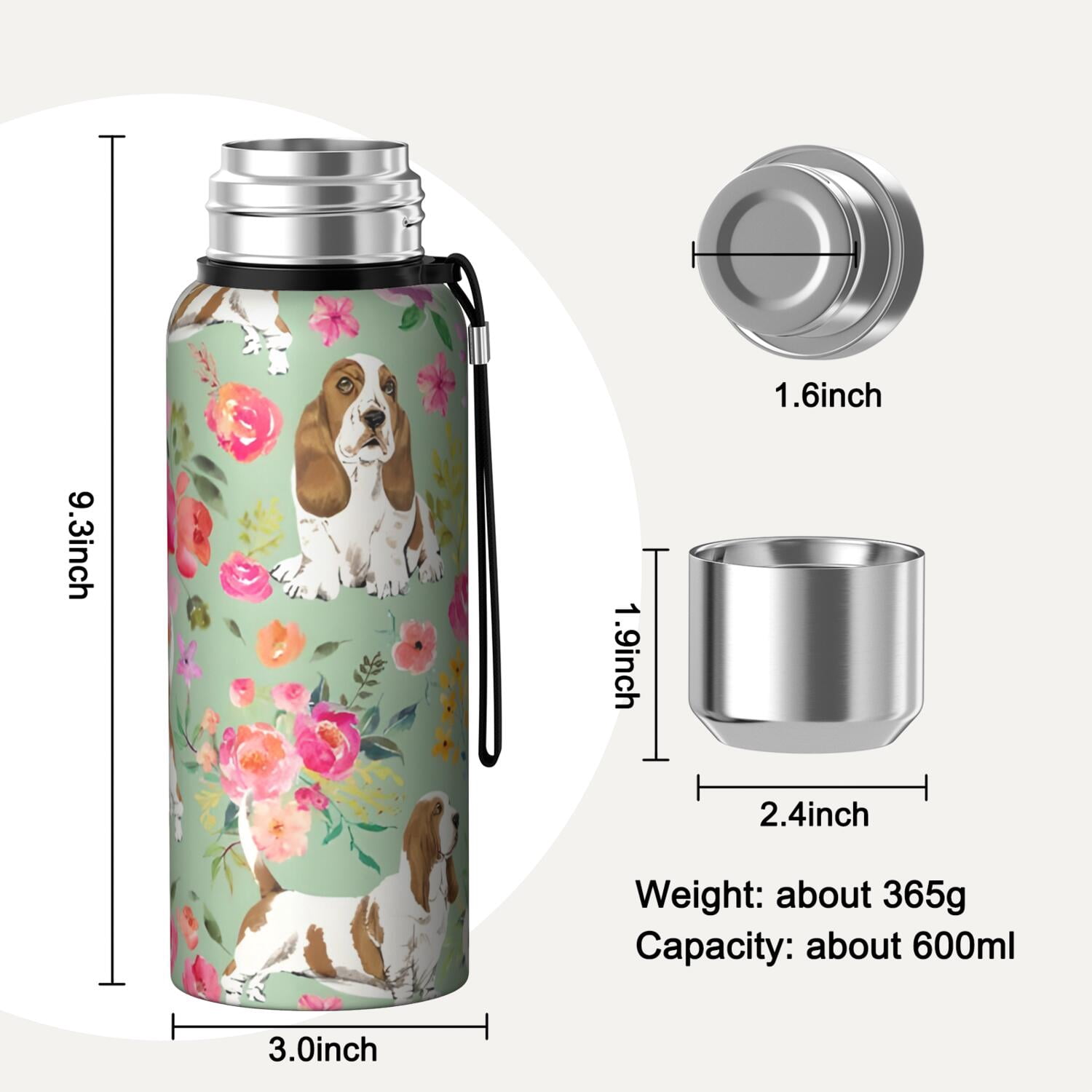 20 Oz Basset Hound and Flowers Coffee Tumbler Double Wall Insulated Stainless Steel Water Bottle | Metal Reusable Thermoses Flask with Cup Cap | Leak & Sweat Proof with Anti-Dust Lid