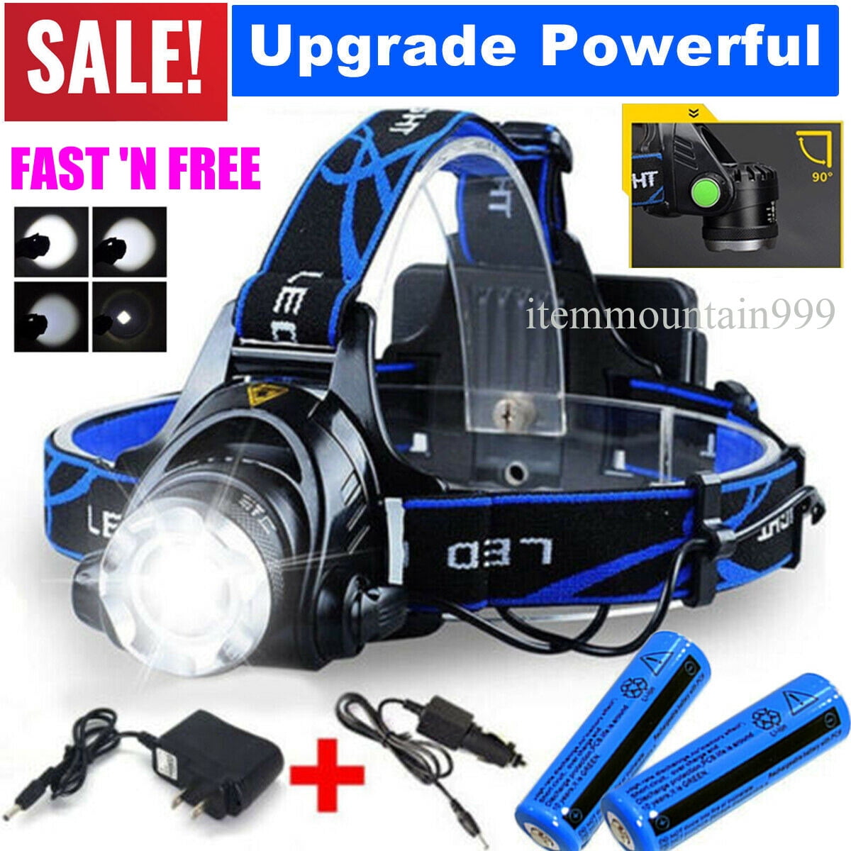 Rechargeable LED Headlamp Zoomable Waterproof Aluminum Alloy Headlight with Batteries and Charger for Camping Hiking Fishing Running