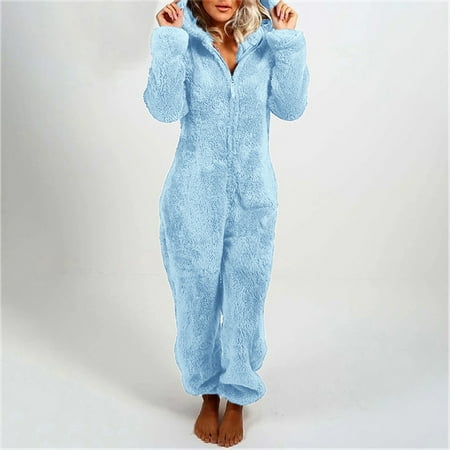 

Women Coats Winter Women s Artificial Wool Long Sleeve Pajamas Casual Solid Color Zipper Loose Hooded Jumpsuit Pajamas Casual Winter Warm Rompe Cute Ears SleepwearFall Tops For Women